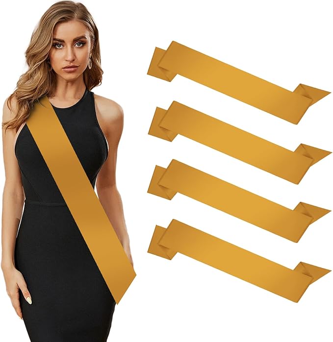 4Pcs Gold Sash Blank DIY Sash Belt Prom Queen Pageant Gold Wedding Anniversary Wreath Satin Sashes For Wedding Graduation homecoming Birthday Halloween Party Sashes Make Your Own with Safety Pin