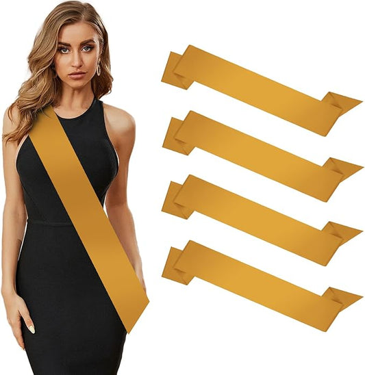 4Pcs Gold Sash Blank DIY Sash Belt Prom Queen Pageant Gold Wedding Anniversary Wreath Satin Sashes For Wedding Graduation homecoming Birthday Halloween Party Sashes Make Your Own with Safety Pin