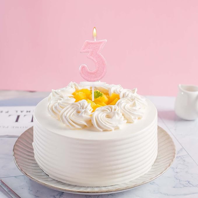 Pink Number Birthday Candles, Romantic Cake Glitter Pink Number Candles Anniversary Cake Topper Decoration Cute Birthday Party Supplies for Wedding Anniversary Celebration Supplies (3)