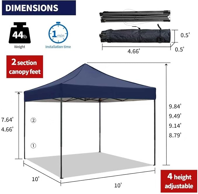 10x10 Pop up Canopy Tent with Sidewalls,Heavy Duty Waterproof Sun Shade Canopy Easy up Canopy with Wheel Bag Commercial Gazebo Tent for Outdoors Parties Vendors Camping Beach (Navy Blue)
