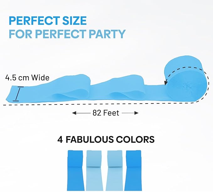 Captain Décor 4 Blue Streamers, 328ft Pack of Crepe Paper Roll, Blue Streamers Party Decorations for Bachelorette Party Decorations (1.8 inch x 82 ft/Roll)