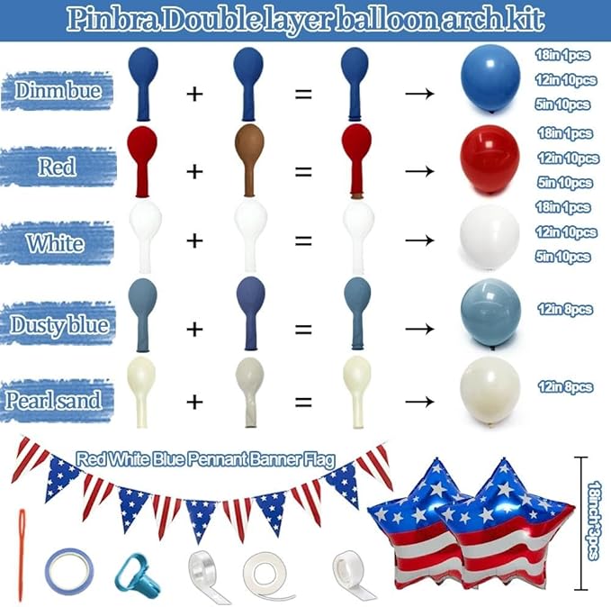 Red Blue White Balloon Garland Double Stuffed Royal Blue Red Balloons Pearl White Sand Pastel Balloon Arch Kit for Birthday Baby Shower 4th of July Patriotic Graduation Party Decorations