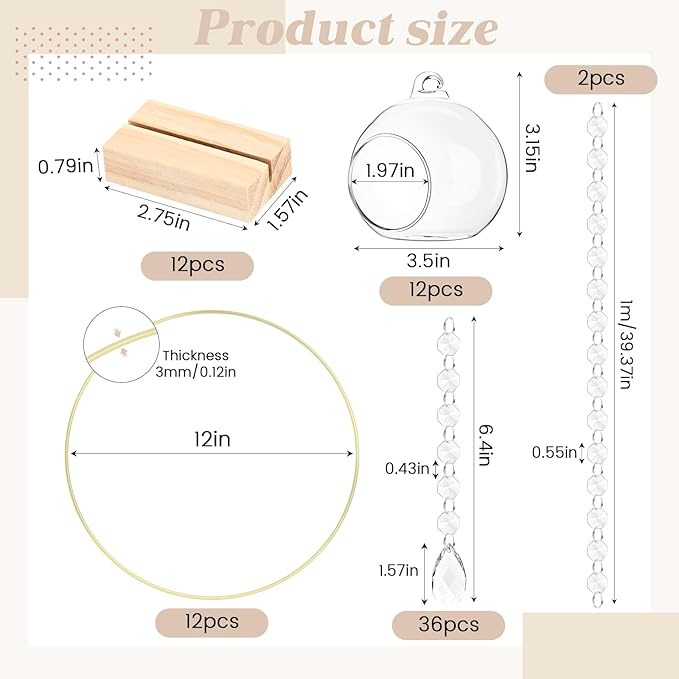 Leinuosen 12 Pack 12'' Metal Floral Hoop Centerpieces Set with Wooden Stand, Hanging Candle Holder, Acrylic Crystal Pendant Garland Crystal Garland String, for DIY Wedding Party Tabletop Decoration
