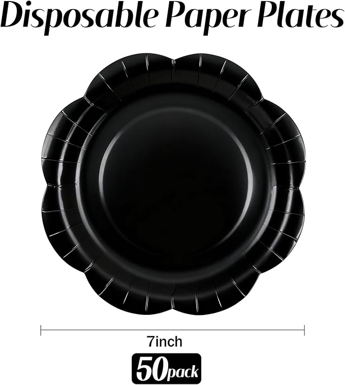 50 Pack Black Paper Plates 7 Inch, Disposable Scalloped Plates Cake Dessert Plate for Dinner Baby Shower Wedding Bridal Shower Birthday Party Supplies (Black, 7 inch)