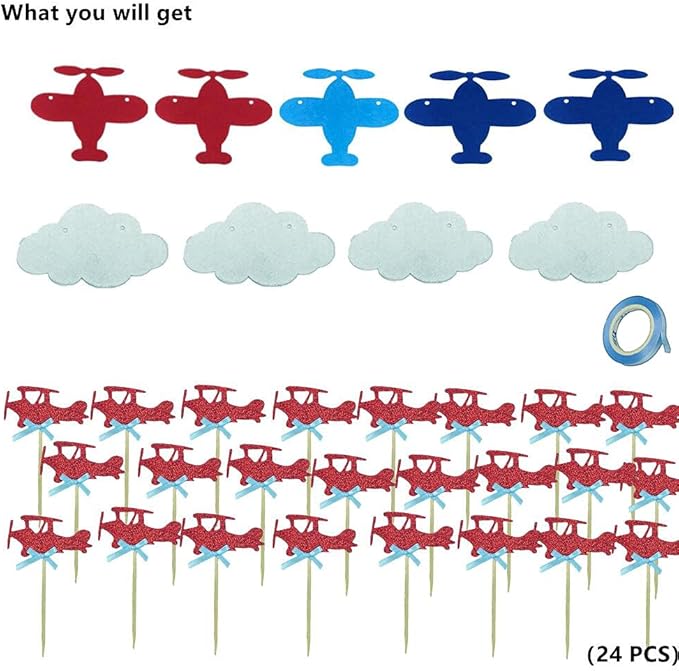 24 PCS Airplane Cupcake Toppers and 1 PCS Airplane Clouds Garland for Toppers Cake Food Dessert Picks Baby Shower Kids' Boys Birthday Party Decor