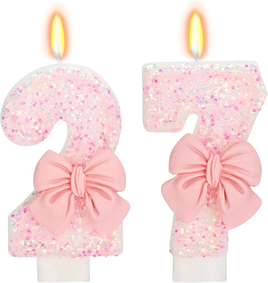 27th Birthday Number Candles with Bow, Pink, Number 27, Modern, Smokeless, Non-Toxic, Unscented, Indoor, Novelty Candle, 3.1 inches, 3 inches, 1 Count