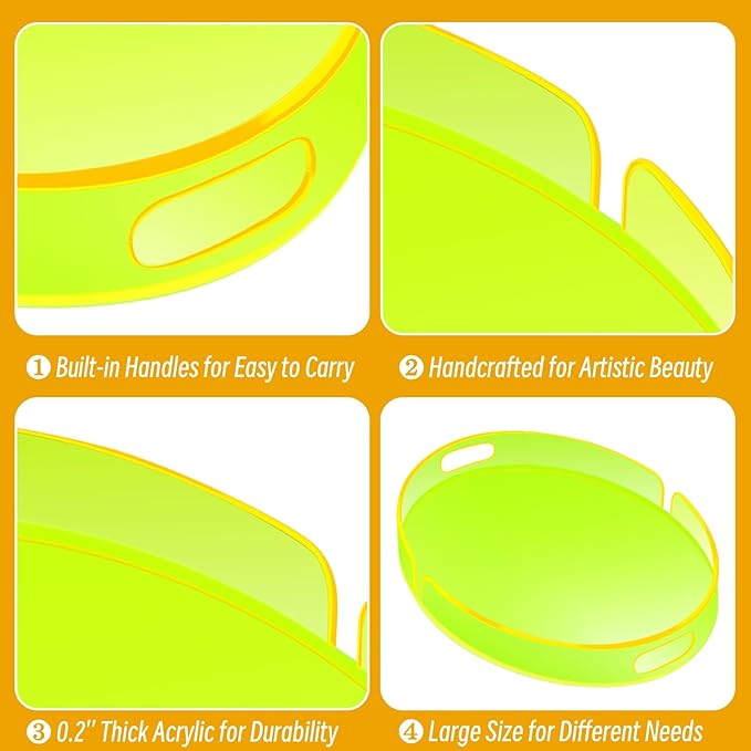 Acrylic Serving Tray with Handles Large Decorative Ottoman Tray 17x13'' Round for Bathroom Food Coffee Fruit Snack Tea Dinner Living Room, Neon Green