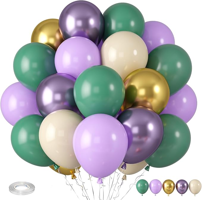 Purple and Sage Green Balloons, Purple Lavender Sage Balloon Cream White Gold Balloons, Light Metallic Purple Gold Balloon for Boho Birthday Wedding Graduation Party Baby Shower Decoration