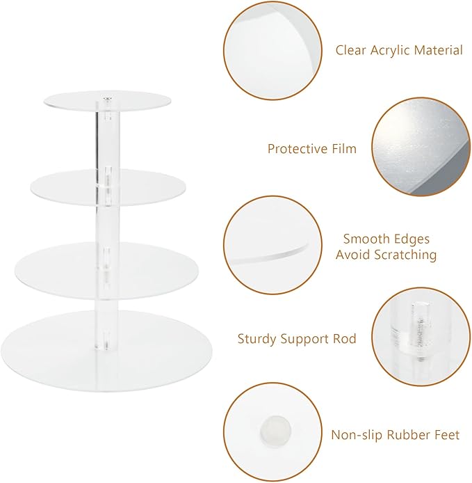4 Tier Cake Stand, Acrylic Round Cupcake Stand Clear Cupcake Tower Holder Display Stand for Party, Birthday, Wedding, Dessert, Baby Shower Decor