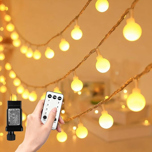 RaThun 65.6ft Warm White Globe String Lights, 150 LED with 16ft Extended Lead Wire & Remote, 8 Modes, IP44 Waterproof Plug in Linkable Lights for Outdoor Indoor Party Wedding