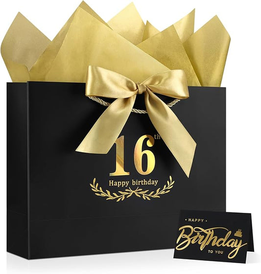 JMANNI Black Gold 16th Birthday Gift Bag with Card and Tissue Paper, 12.6"×9.84"×3.9" Elegant Present Bag for Teens, 16 Year Old Birthday Keepsake Party Supplies