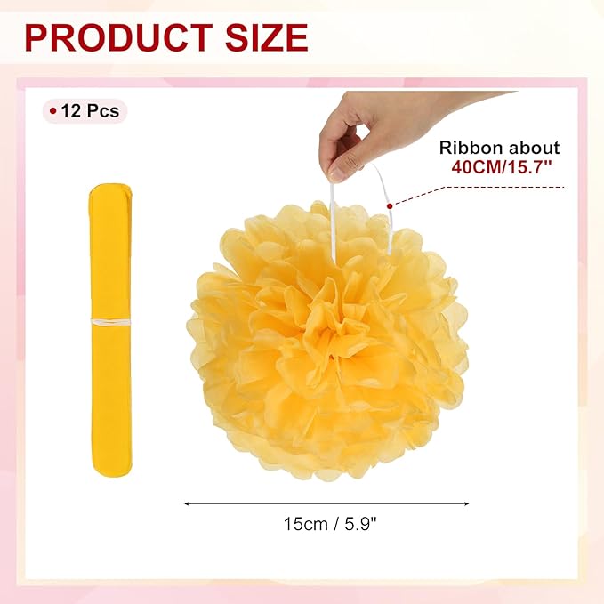 PATIKIL 6inch Tissue Paper Pom Poms, 12PCS Pom Poms Paper Flowers Ball Tissue Paper Flowers for Wedding Bridal Shower Birthday Bachelorette Party Backdrop Decoration, Yellow