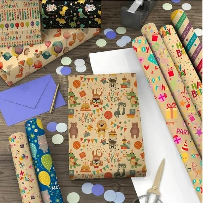 Kraft Birthday Wrapping Paper Roll Set of 15 with Twine and Tape, Gift Wrap for Happy Birthday Present (Brown)