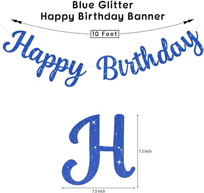 Glitter Happy Birthday Banner Sign, Reusable Birthday Garland Party Supplies, Cake Day Backdrop Banners Wall Decorations for Women, Girls, Boys (Blue)
