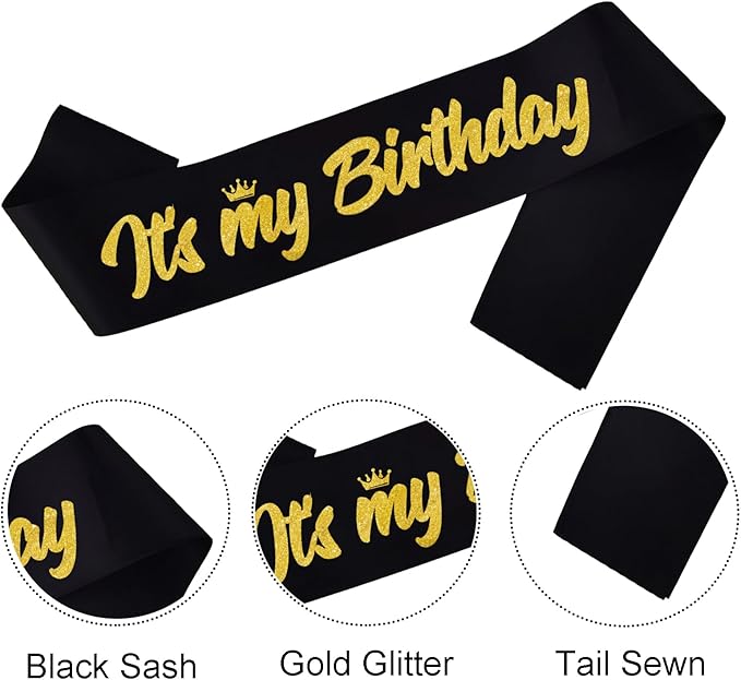 It's My Birthday Sash Black with Glitter Gold Letters Happy Birthday Sash for Men Boy Bday Gift Ideas Party Favors