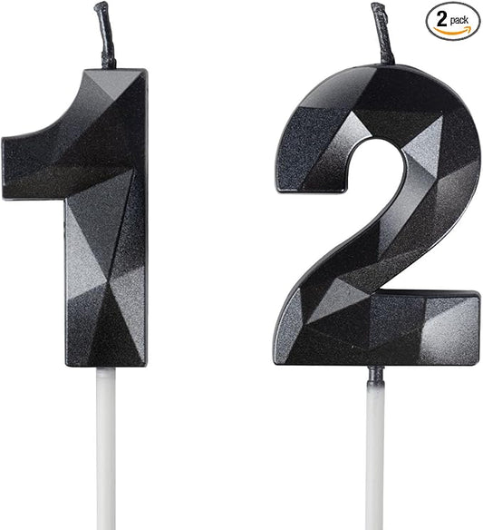 Number 12 Candles,12th Birthday Candles,Black Happy Birthday Candle for Cake,3D Design Cake Topper Decorations for Boy Men Pet Birthday Party Wedding Anniversary Celebration Supplies