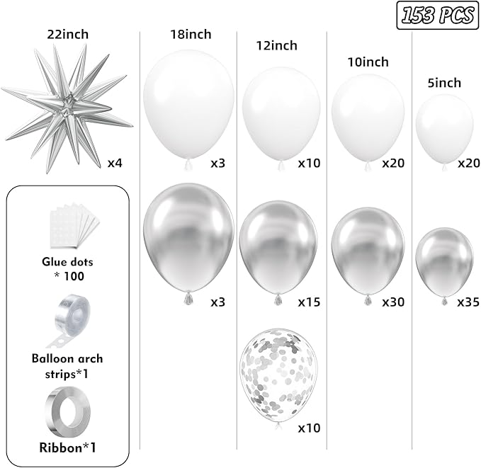 153Pcs White and Silver Balloons Garland Arch Kit with Stars - 22 18 12 10 5 inch Different Size White Metallic Silver Confetti Latex Balloon for Birthday Baby Shower Wedding Party Decorations