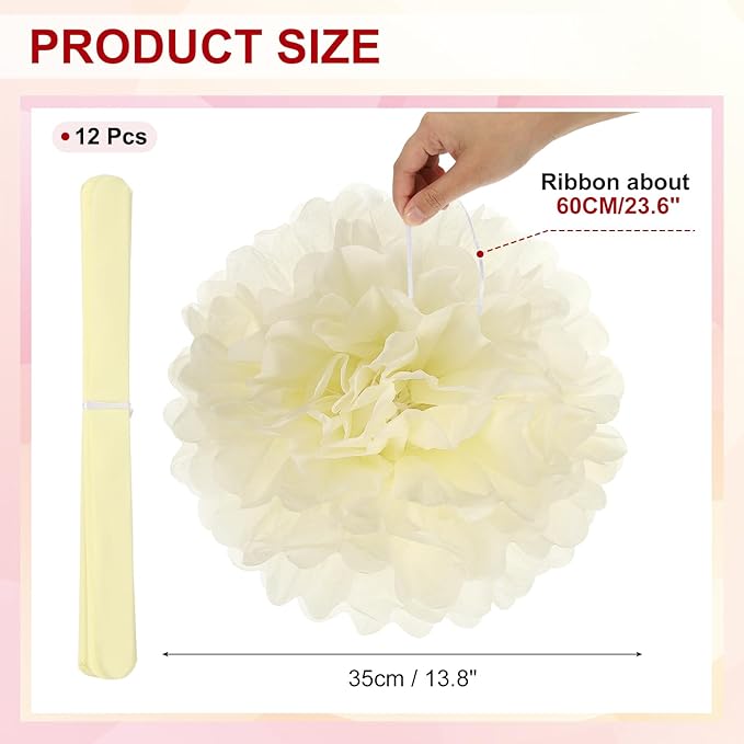 PATIKIL 14inch Tissue Paper Pom Poms, 12PCS Pom Poms Paper Flowers Ball Tissue Paper Flowers for Wedding Bridal Shower Birthday Bachelorette Party Backdrop Decoration, Beige