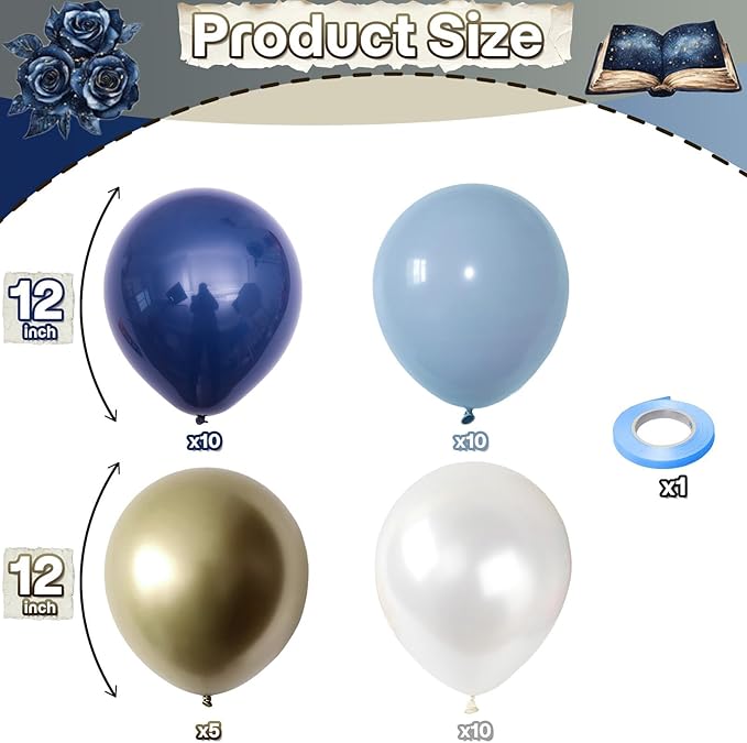 Retro Navy Blue Gold and White Balloons, 12inch Pastel Dark Light Blue White Latex Balloons with Metallic Chrome Gold Party Balloon for Boy Birthday Bridal Baby Shower Graduation Party Decorations