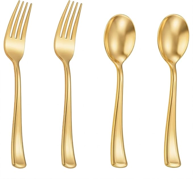 Goodluck 200 PCS Gold Plastic Silverware, Heavy Duty Plastic Cutlery Includes 100 Forks and 100 Spoons, Elegant Disposable Utensils, Durable Flatware for Parties, Weddings Catering and Dinners