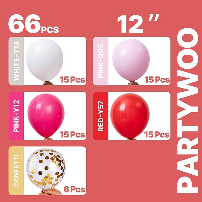 PartyWoo Pink and Red Balloons 66pcs 12 Inch Hot Baby Pink Matte Red White Gold Confetti Balloons for Valentine's Day Engagement Weedding Bachelorette Girl Princess Birthday Party Decorations