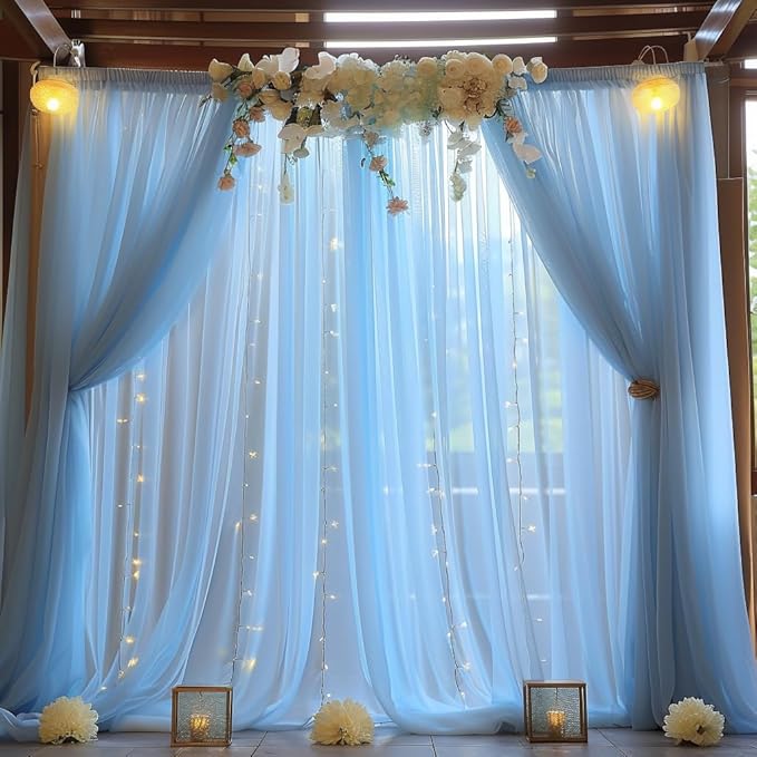 10x10ft Baby Blue Tulle Backdrop Curtain with Lights String for Parites, Sheer Photo Backdrop Curtain Drapes for Wedding Baby Shower Bridal Shower Birthday Party Photo Shoot Decorations