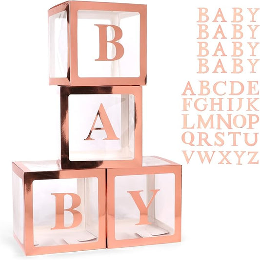 Voircoloria Baby Boxes with 42pcs Letters for Baby Shower Transparent Balloon Boxes Clear Balloon Box Blocks for Boy Girl Gender Reveal Party and Birthday Party (Rose Gold)