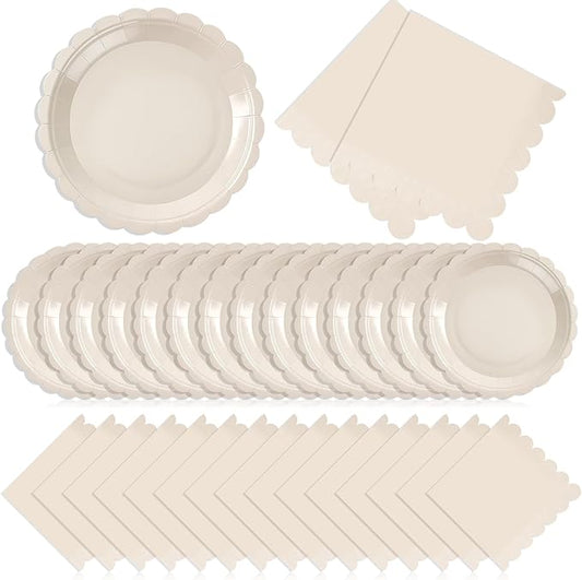 120 Pcs Ivory Paper Plates and Napkins Party Supplies, 7 Inch Cream Plates Scalloped Disposable Tableware for Bridal Baby Shower Wedding Birthday Party Decorations, Serve 60 Guests