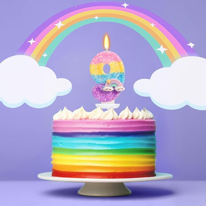 Rainbow Candles for Cakes, Number 9 Candle Rainbow Cake Topper for 9th Birthday Decorations for Girls, On Cloud 9 Birthday Decorations