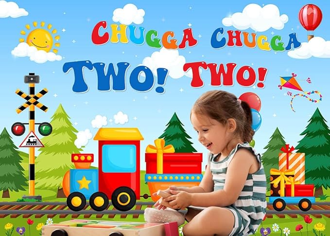 Mocscika Chugga Chugga Two Two Backdrop Red Train Theme 2nd Birthday Party Decorations Happy Second Birthday Cake Table Banner for Photography (Colorful, 8x6ft(96''x72''))