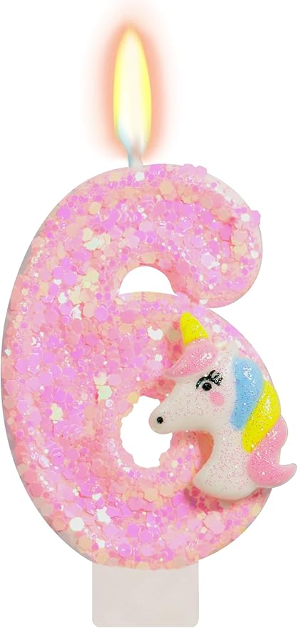 Birthday Candles - Number 6 Candle, 6th Birthday Decorations for Girl, Pink Unicorn Candles for Cake Topper, Cartoon Theme Party Supplies