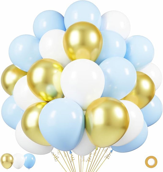 Blue Gold White Latex Balloons, 50 Pack 12 Inches light Blue Balloons Helium Balloons for Boys Baby Shower Birthday Bridal Shower Wedding Party Decorations Supplies