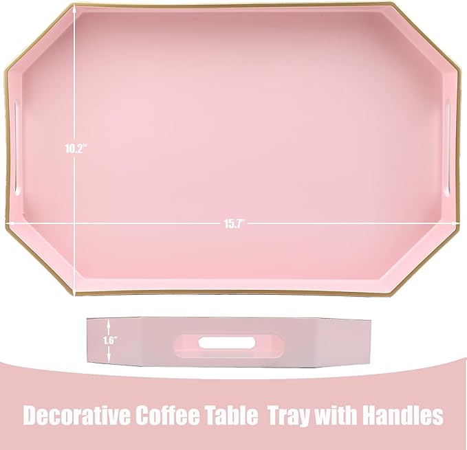 Pink Decorative Tray with Handles, Versatile Serving Tray for Coffee Table, Ottoman, Ideal for Serving, Displaying, Organizing, 15.7"*10.2"*1.57"