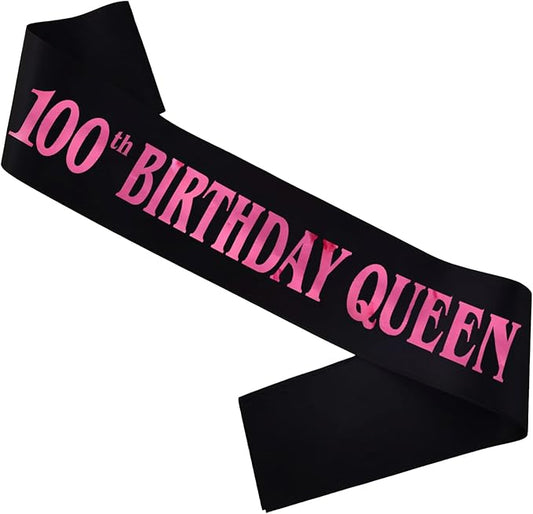 100th Birthday Queen Sash, Pink Foil Black Satin Birthday Sash for Women 100th Fabulous Birthday Party Gift Decorations Favors