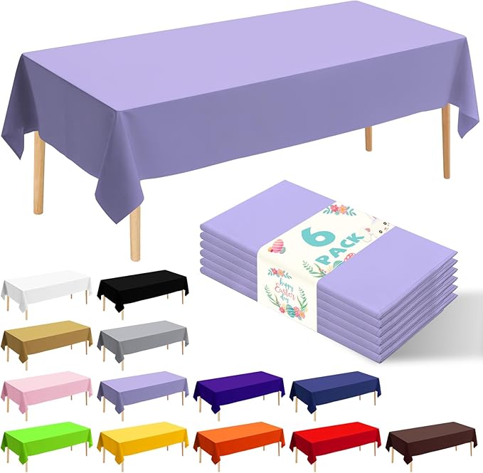 6 Pack Premium Disposable Plastic Tablecloth 54" x 108" Party Table Cloths Disposable for 6 to 8 Foot Tables Indoor or Outdoor Parties Birthdays Weddings Christmas Anniversary Buffet Table (Purple)