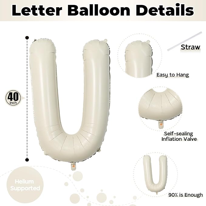Big Letters Balloon U, 40 Inch Cream White Sand Helium Mylar Alphabet for Customizing Name, Self Inflating Beige Foil Custom Letter for Girls Birthday Party Baby Shower Decoration
