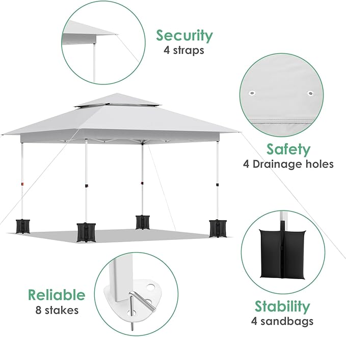Arlopu Pop Up Canopy Tent with 1-Person Set up, Camping Instant Durable Shelter, Outdoor Gazebo Beach Shade with Wheeled Bag, 4 Sand Bags for Weight (White, 12FTX12FT)