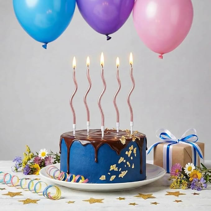 12-Count Spiral Birthday Candles, Long Twisty Party Candles with Candle Holders, Long Burning for Weddings, Birthdays, Party Decorations, Cupcakes, Anniversary and Meetups (Rose Gold)