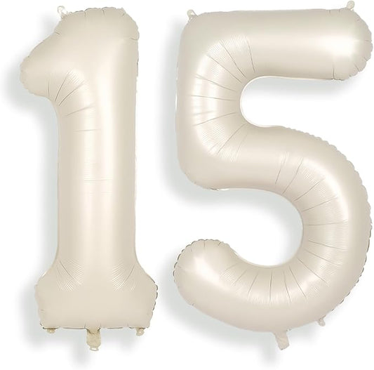 SUWEN 40 Inch Cream White Large 15 Number Balloons Big Foil Helium Number Balloons 0-9 Jumbo Happy 15th Mylar Birthday Party Decorations for Boy or Girl 51 Anniversary Party Supplies