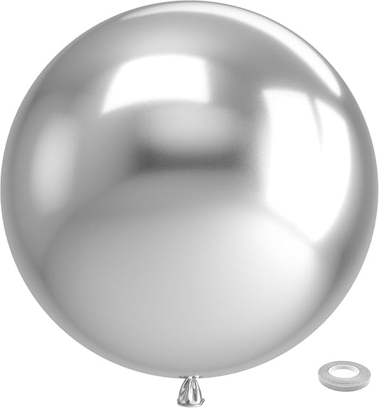 Bezente Metallic Silver Giant Balloons 36 Inch - 8 Pack Jumbo Chrome Silver Balloons Large Round Silver Latex Balloons for Photo Shoot Wedding Bridal Shower Birthday Party Decorations