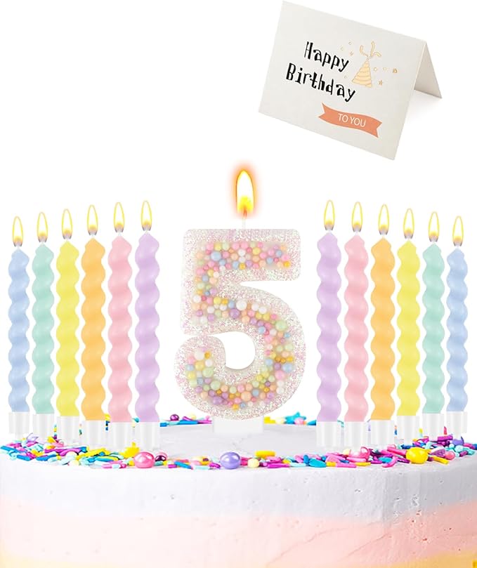 Birthday Candles for Cake, Pink Number Candles, Cake Candles with Greeting Card for Birthday Party Wedding Anniversary Celebrations（5 Candle,White Number Macaron）