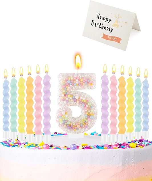 Birthday Candles for Cake, Pink Number Candles, Cake Candles with Greeting Card for Birthday Party Wedding Anniversary Celebrations（5 Candle,White Number Macaron）