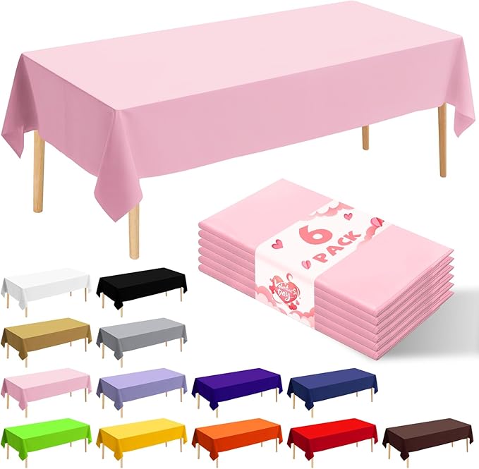 6 Pack Premium Disposable Plastic Tablecloth 54" x 108" Party Table Cloths Disposable for 6 to 8 Foot Tables Indoor or Outdoor Parties Birthdays Weddings Christmas Anniversary Buffet Table (Pink)