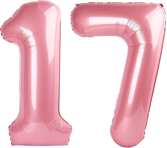 17 Number Balloons 40 Inch, Pastel Pink 17th Birthday Decoration for 1 7 17 71 Men & Women, Foil Big Number Balloon for Wedding Store Anniversary Promotion Party Decorations