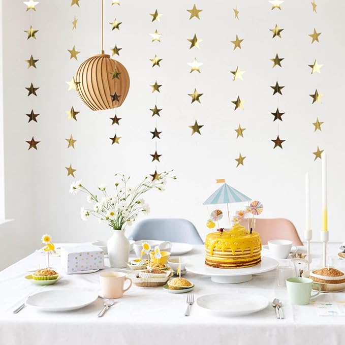 65Feet Gold Star Garland Banner Hanging Birthday Graduation Party Decorations- Golden Double Side Twinkle Paper Stars Streamers Backdrop for Prom Classroom Welcome Home Ceiling Decor, 5Pack