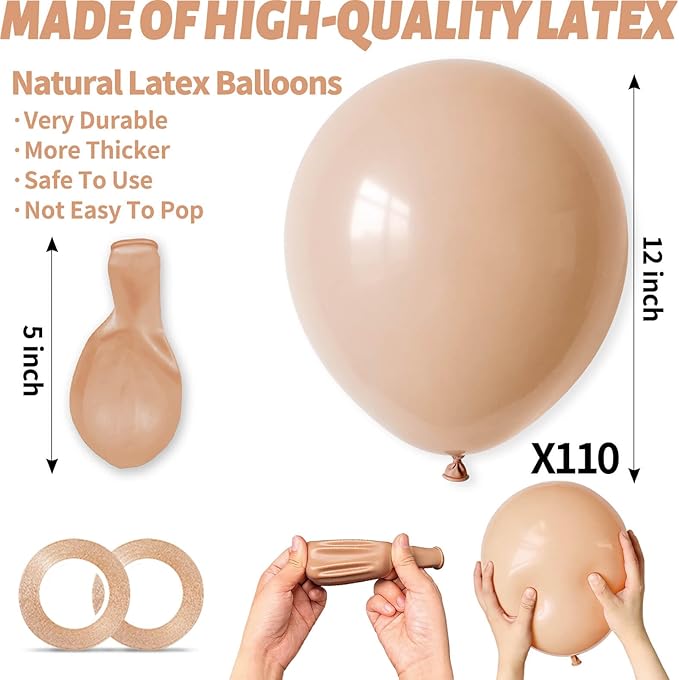 110pcs Nude Balloon 12 inch, Beige Latex Balloons for Birthday Party Baby Shower Wedding(with 2 Ribbons).