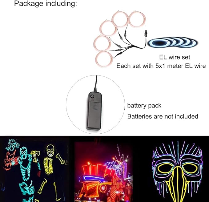 Neon Light 5-in-1 Meter Wire，Portable Battery Pack with Decorative Wire， Suitable for Birthday Parties，Thanksgiving and Other Occasions. (White)