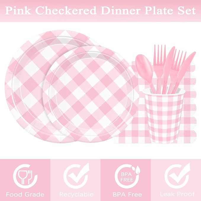 175 Pcs Pink Gingham Party Supplies for 25 Guests, Pink and White Checkered Paper Plates, Cups and Napkins Sets for Baby & Bridal Shower, Wedding, Birthday Party, Outdoor Picnic