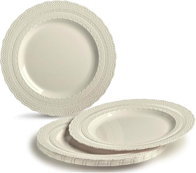 OCCASIONS 120 Guests Heavy Duty Disposable Plastic Plates Set ??11" Dinner & 8.25" Salad Plates, Premium Reusable Party Plates for Weddings, Events, Fancy Dinnerware ??Chateau Ivory