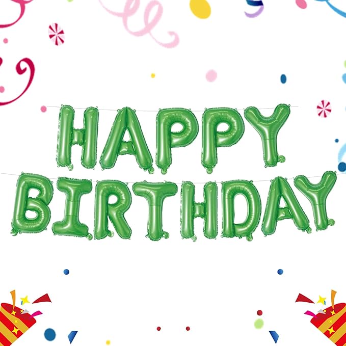 Green Happy Birthday Balloons Banner 16 Inch Mylar Foil Letters, Inflatable Party Decor and Birthday Decorations for Women, Men, Boys & Girls Kids and Adults, Reusable, Party Supplies